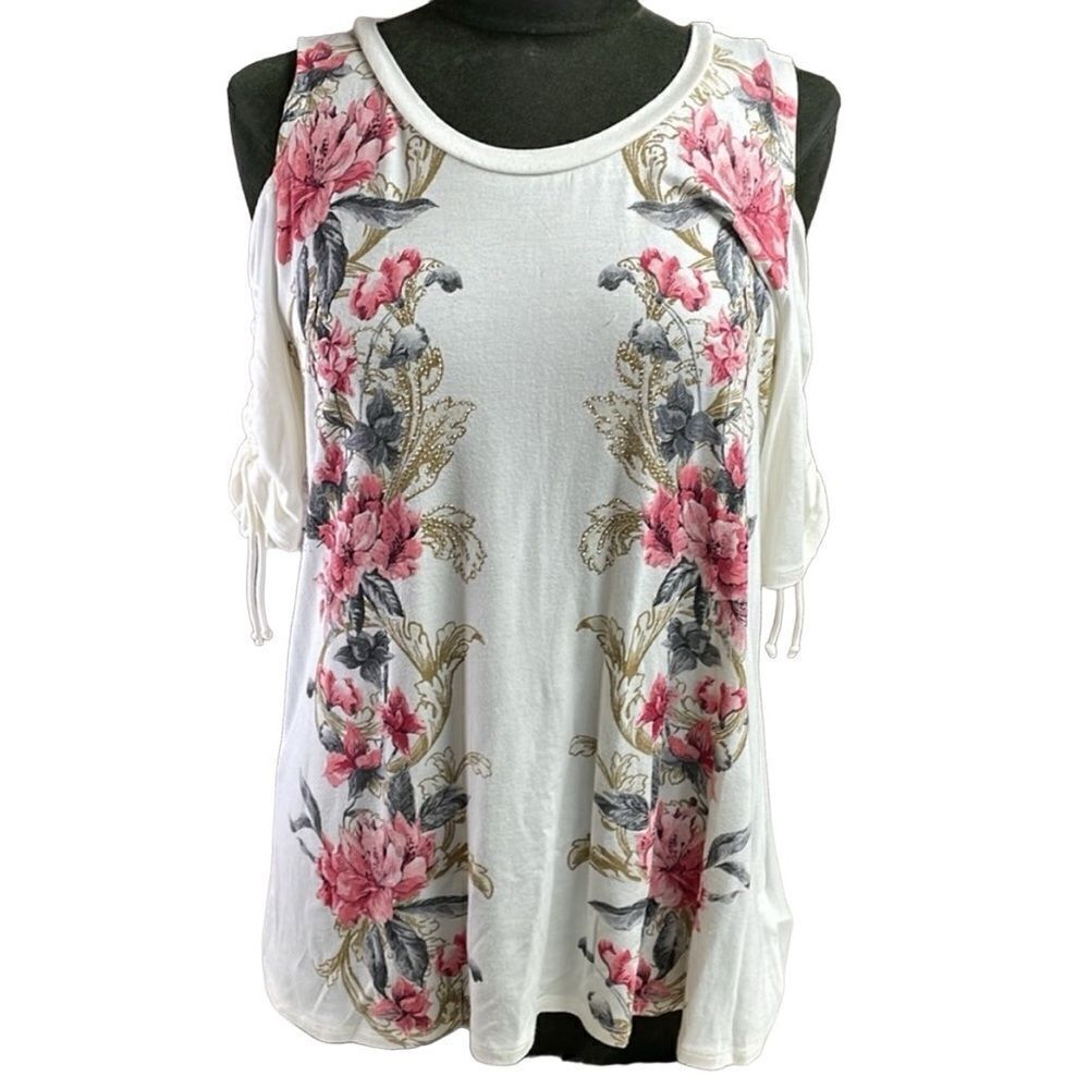 B.L.E.U Peek A Boo Shoulder Floral Top,  Gathered Sleeves,Size S,Cream/Pink/Gold